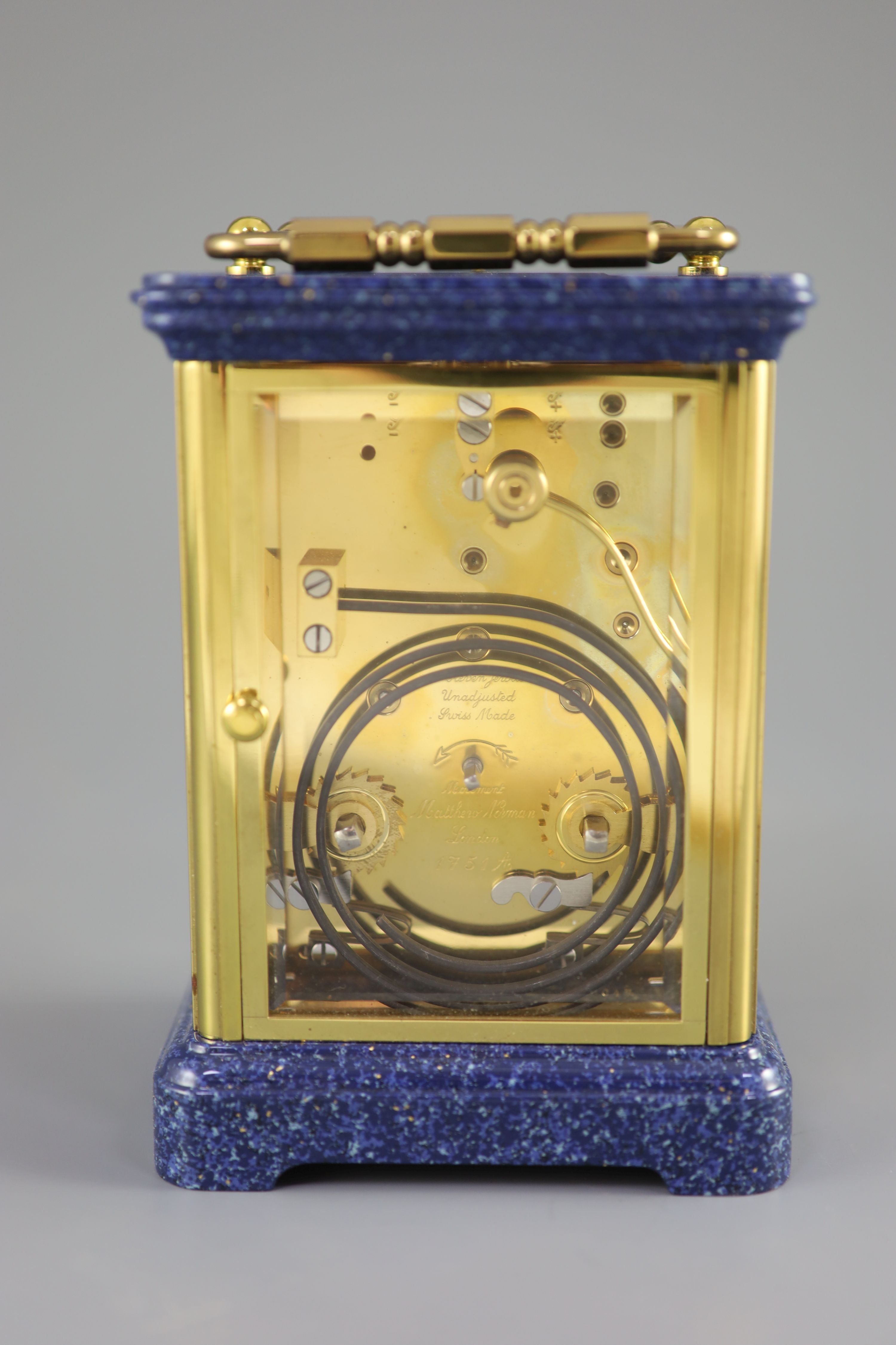 A 20th Century Swiss-made brass carriage clock, Matthew Norman, London, 13.5cm high